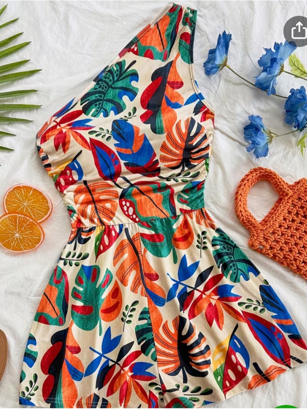 Tropical One-Shoulder Romper.